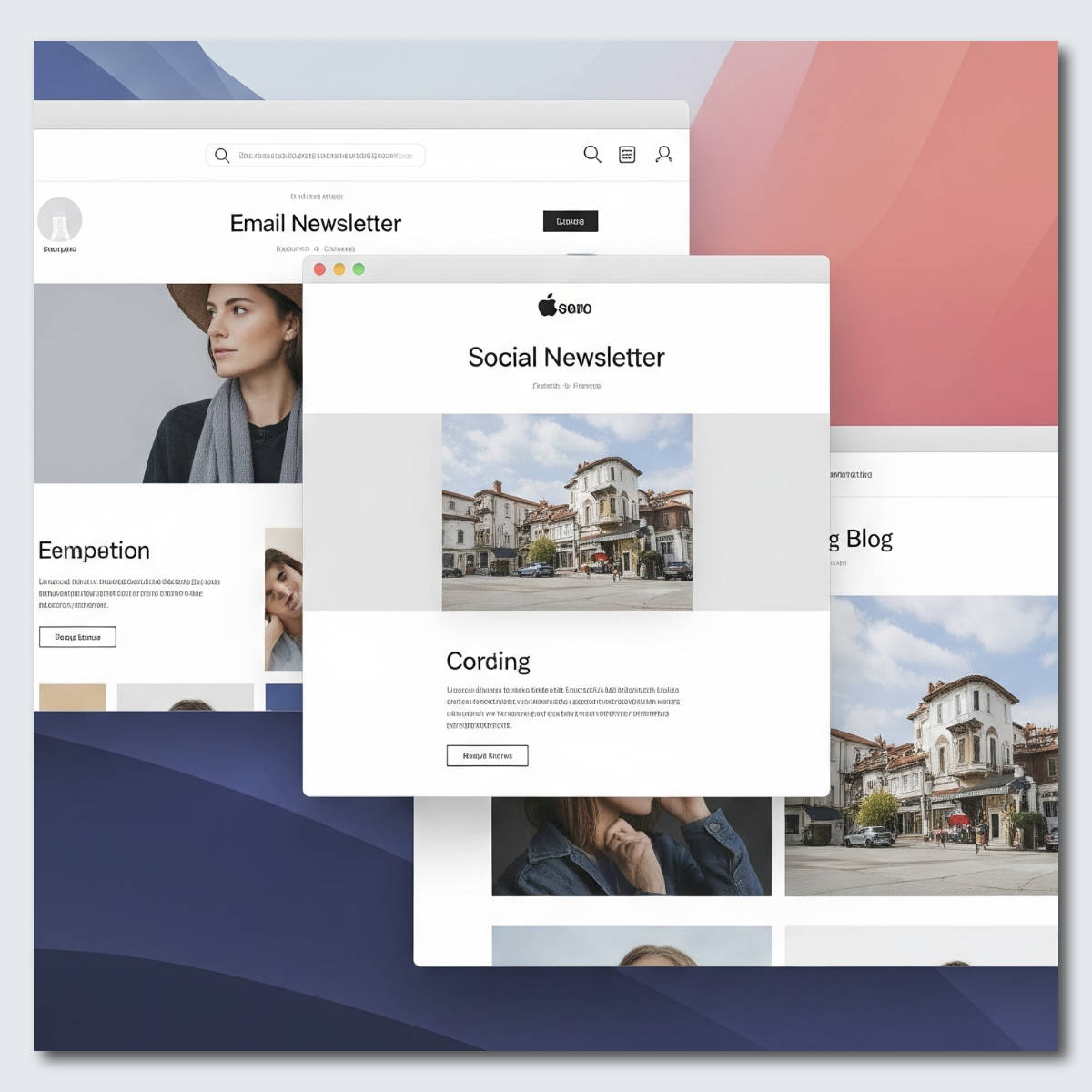 An image showcasing consistent branding across an email newsletter, a social media post, and a blog post header.