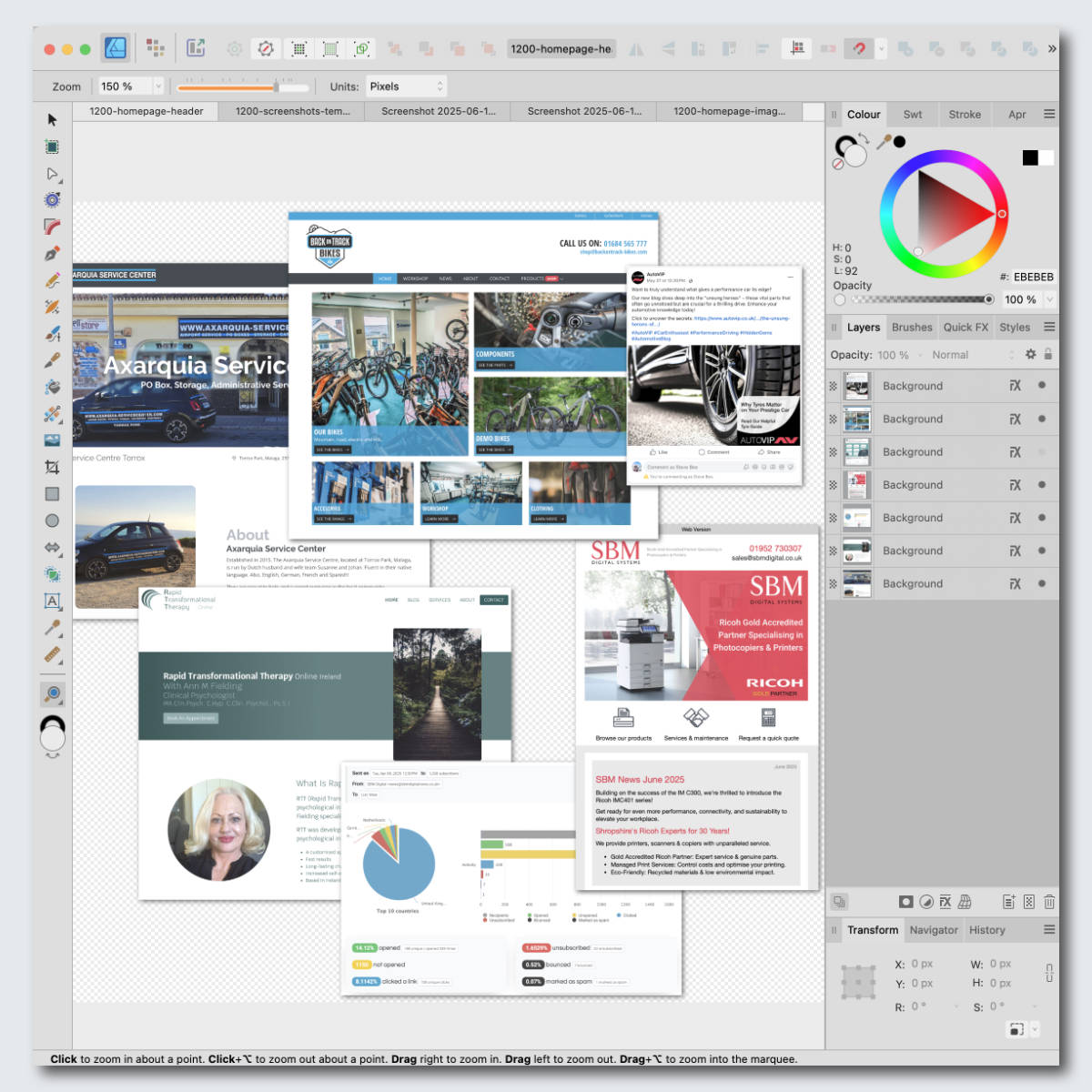 A screenshot of a graphics editing application, showing a collage of website and marketing images being created.