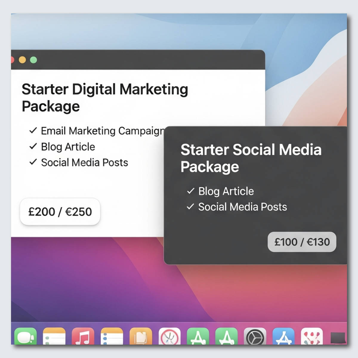n image showing two service windows for a 'starter digital marketing package' and a 'starter social media package'.