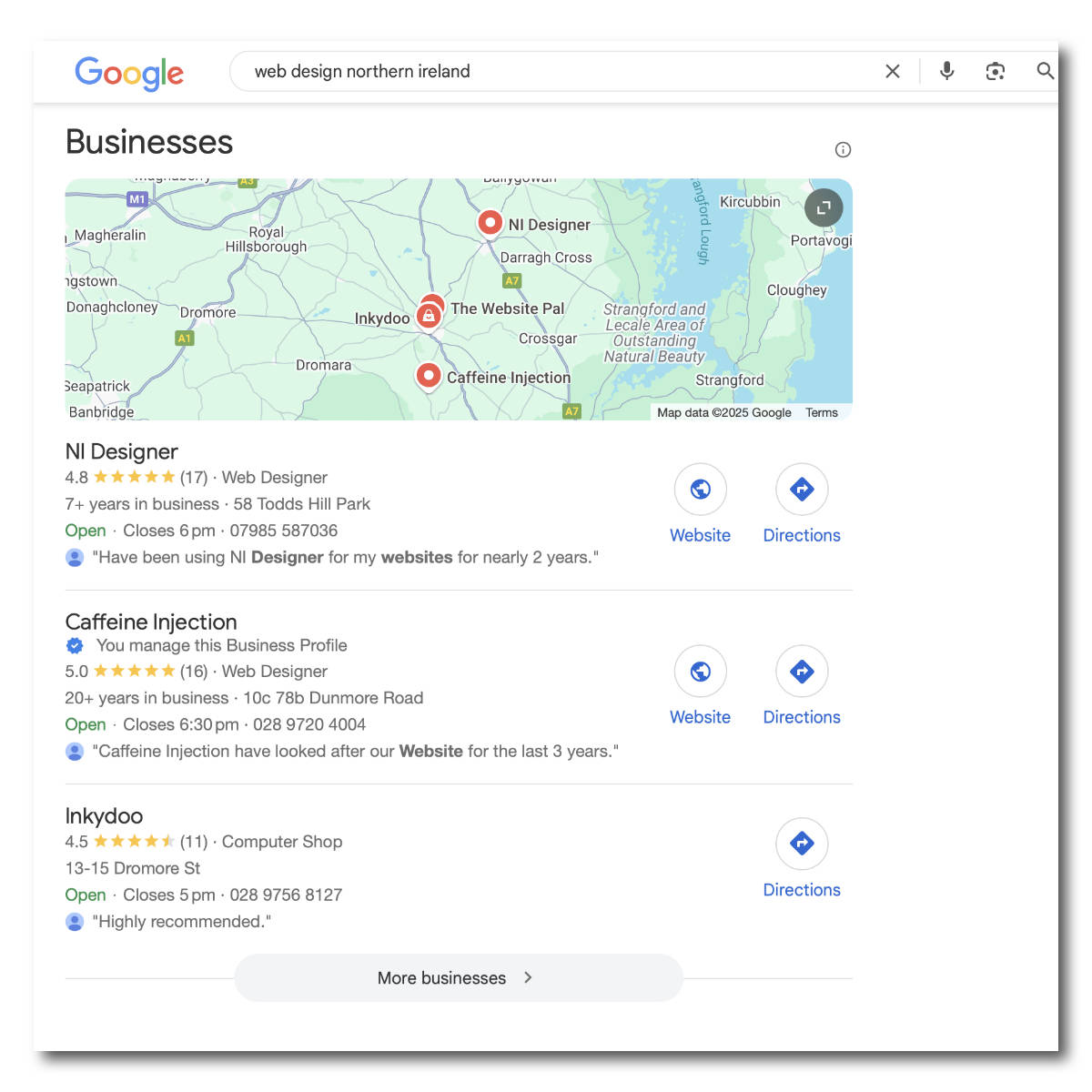 A screenshot of the Caffeine Injection business profile appearing in the Google search results list for a local search.