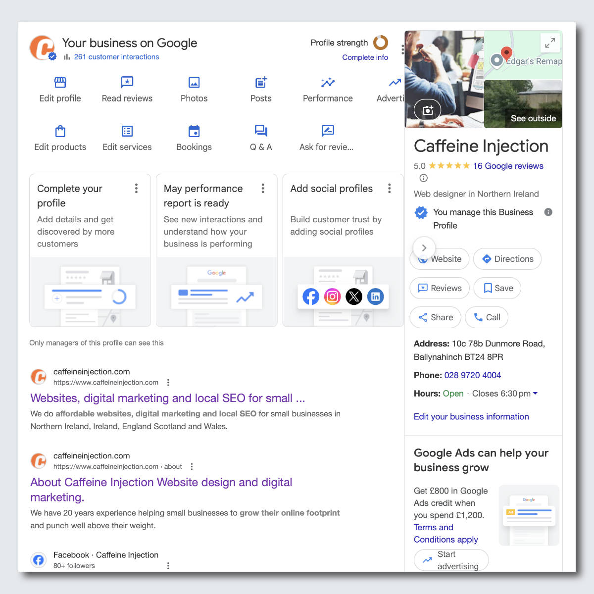 A screenshot of the complete and professionally optimised Google Business Profile for Caffeine Injection.