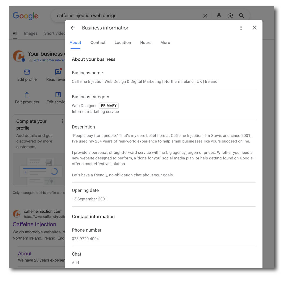 The back-end editing view of a Google Business Profile, showing the process of managing and updating information.