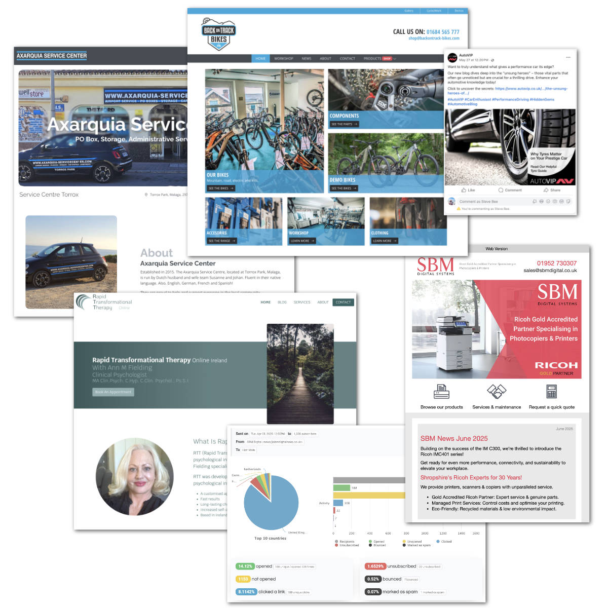 A collage of devices showing website design, social media, and marketing services offered by Caffeine Injection for small businesses in NI, UK & Ireland.