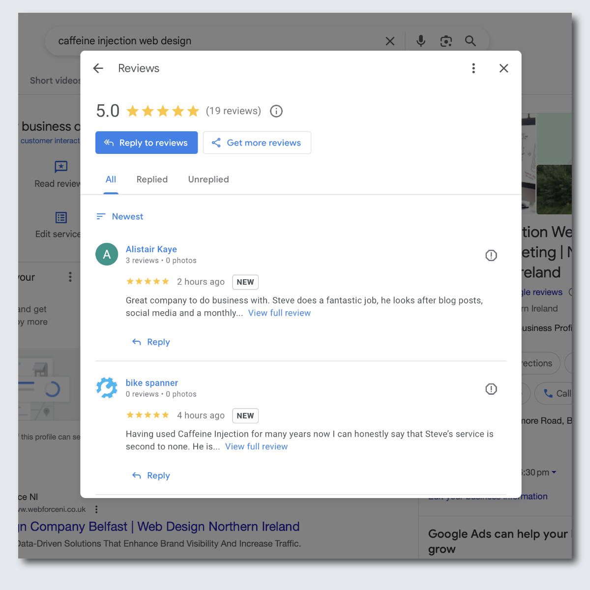 A screenshot showing the 5-star customer reviews for Caffeine Injection on its Google Business Profile.