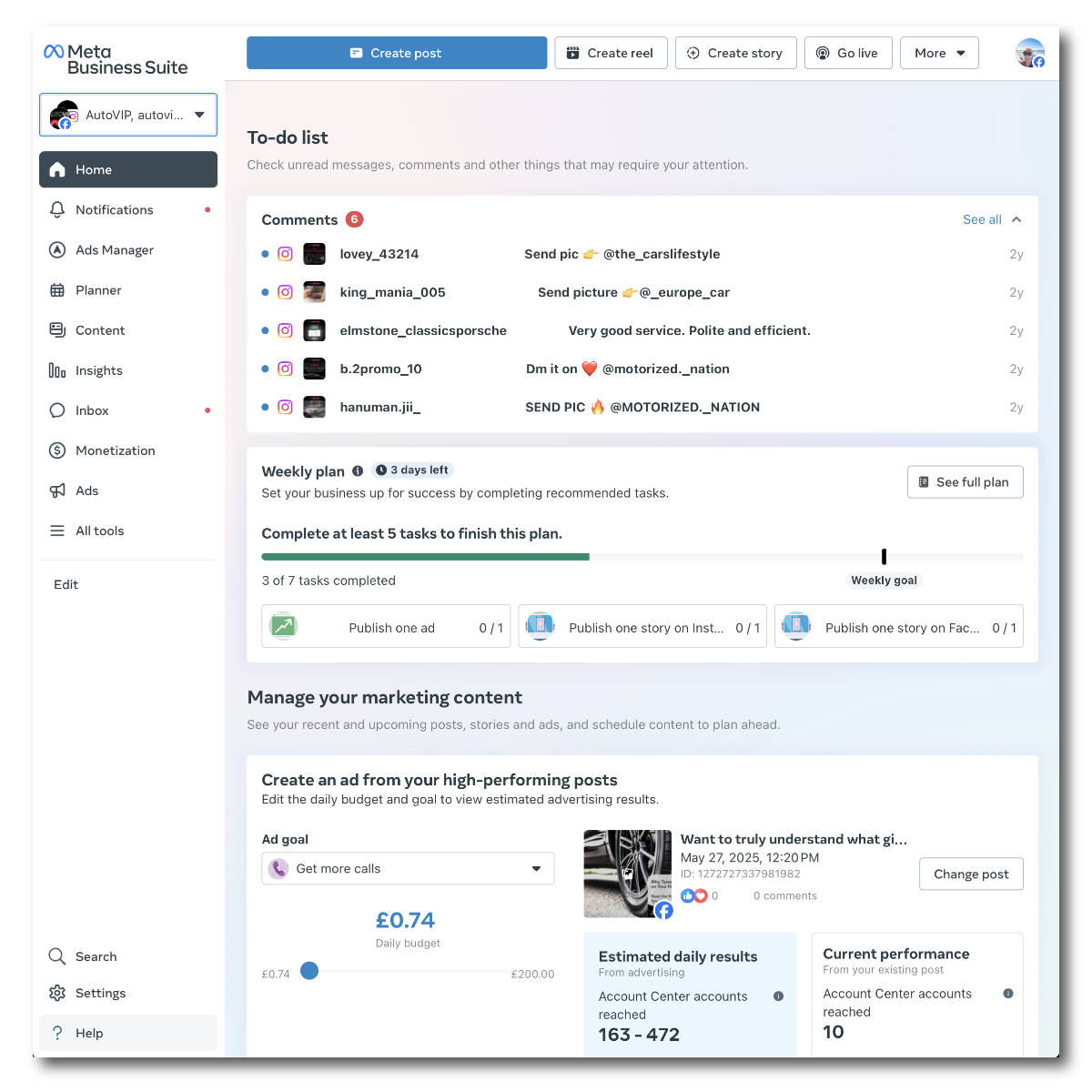 A screenshot of the Meta Business Suite dashboard, a tool used for professional social media management.