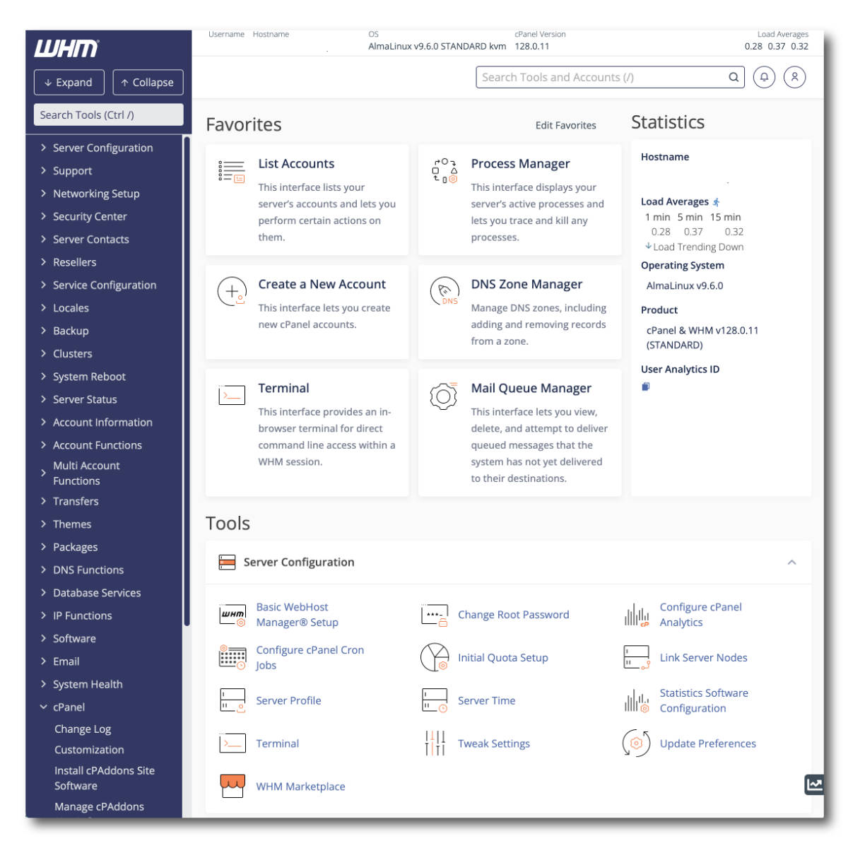 A screenshot of the WebHost Manager (WHM) server interface, showcasing the professional platform used for our secure hosting.