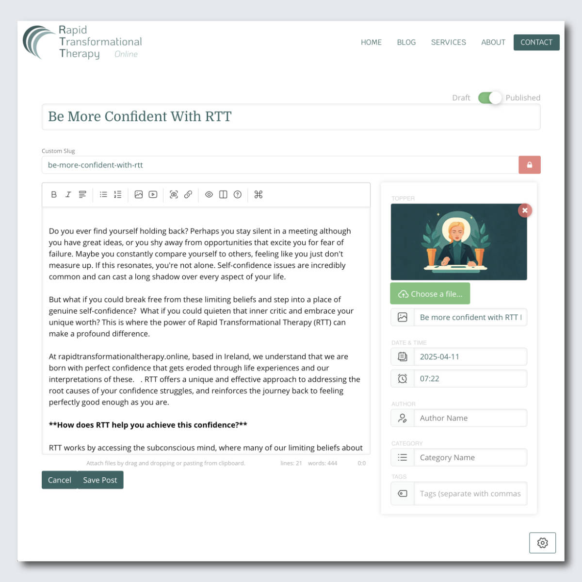 A screenshot of a blog post being written in a website's content management system (CMS), illustrating our ongoing site management service.