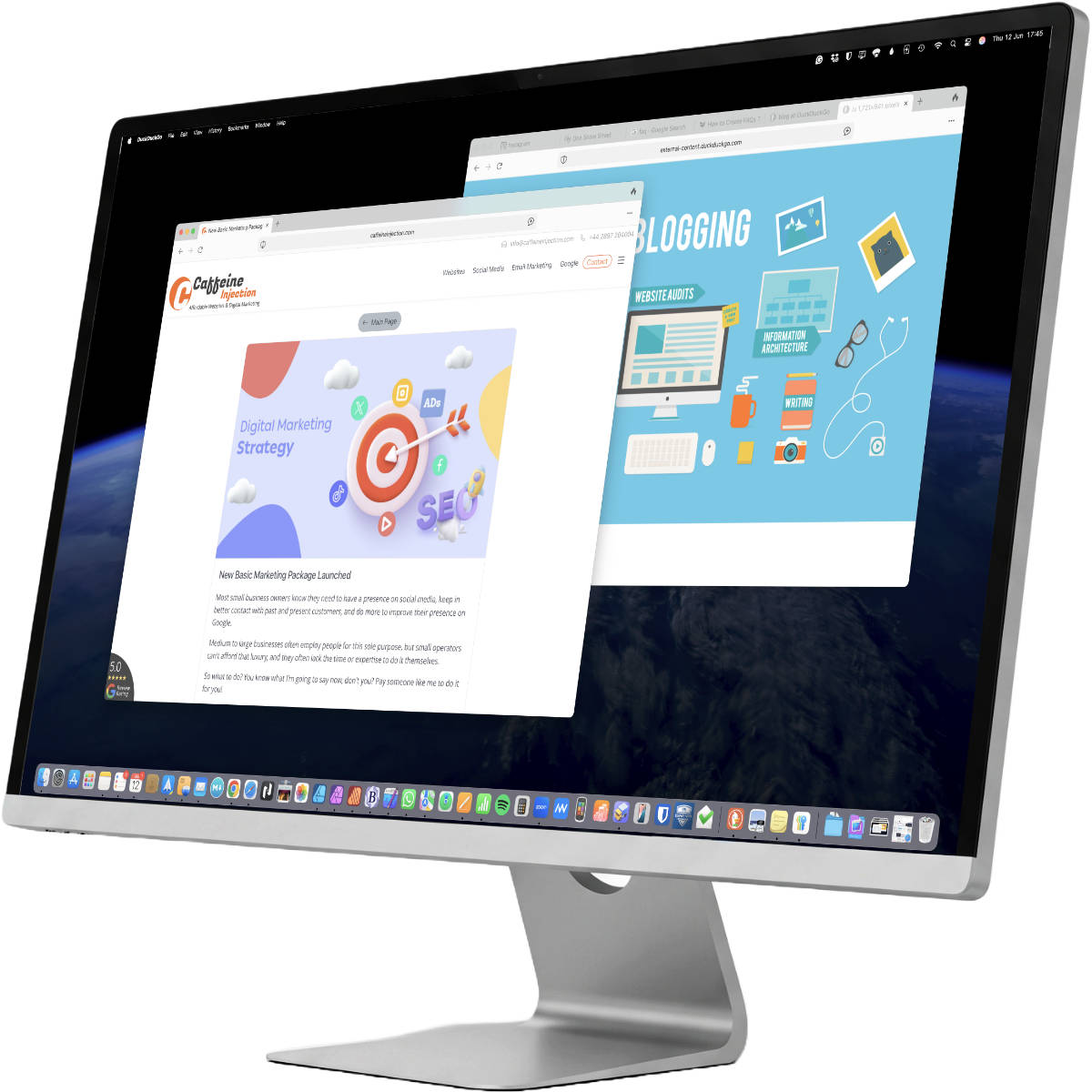 An Apple iMac showing the main blog page, featuring articles on web design and digital marketing.