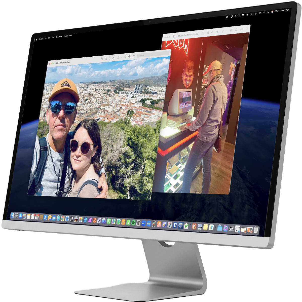 An Apple iMac computer displaying a collage of two personal photos: one of Steve and his daughter at a castle in Malaga, and another of him playing a vintage PC game.