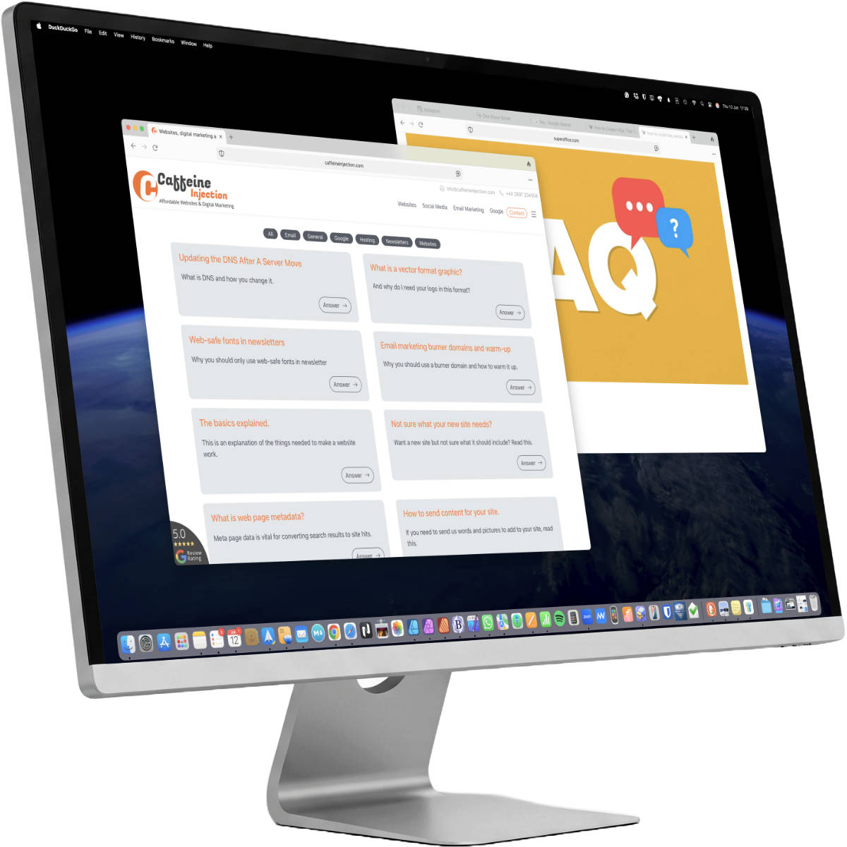 An Apple iMac displaying the Frequently Asked Questions page of the Caffeine Injection website.