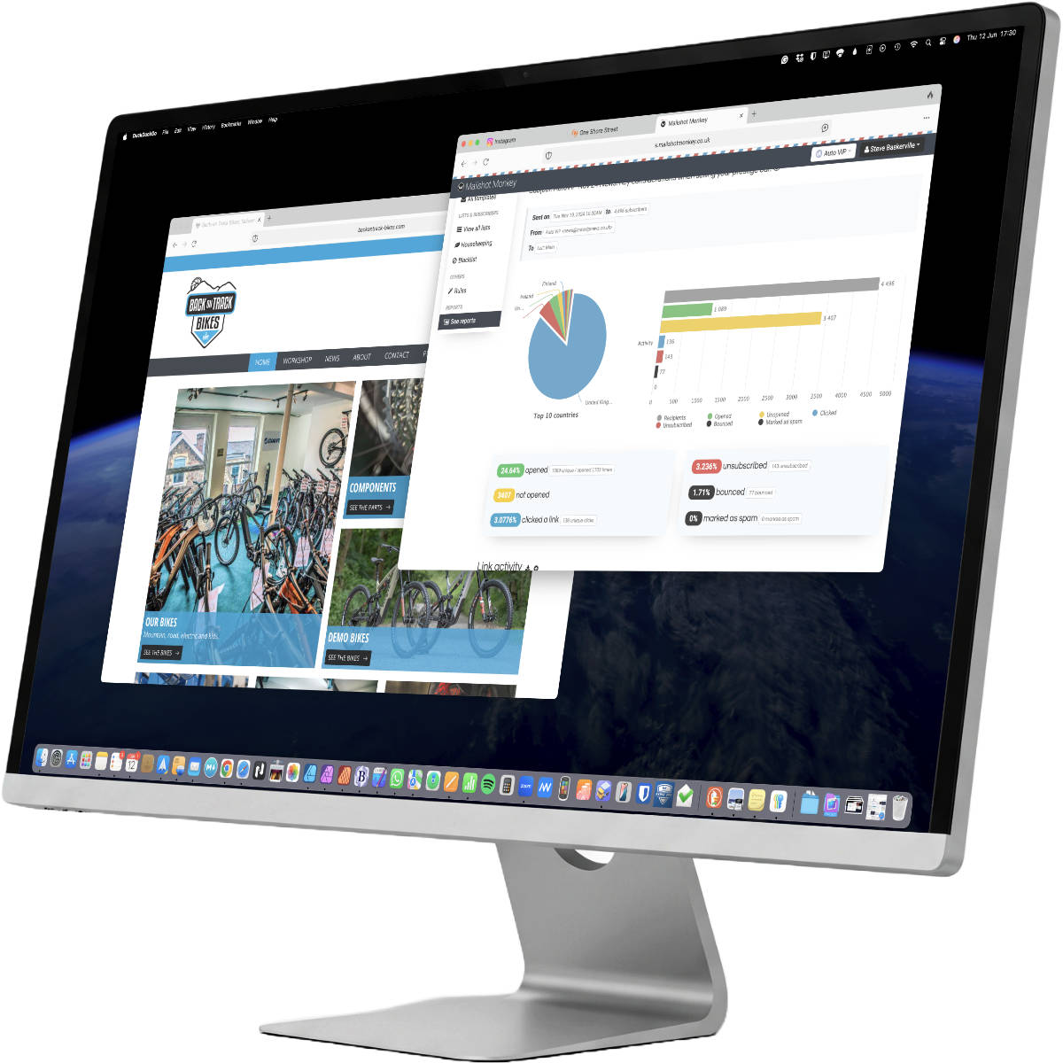 An Apple iMac computer displaying a collage of client work, including a website design and email campaign results.