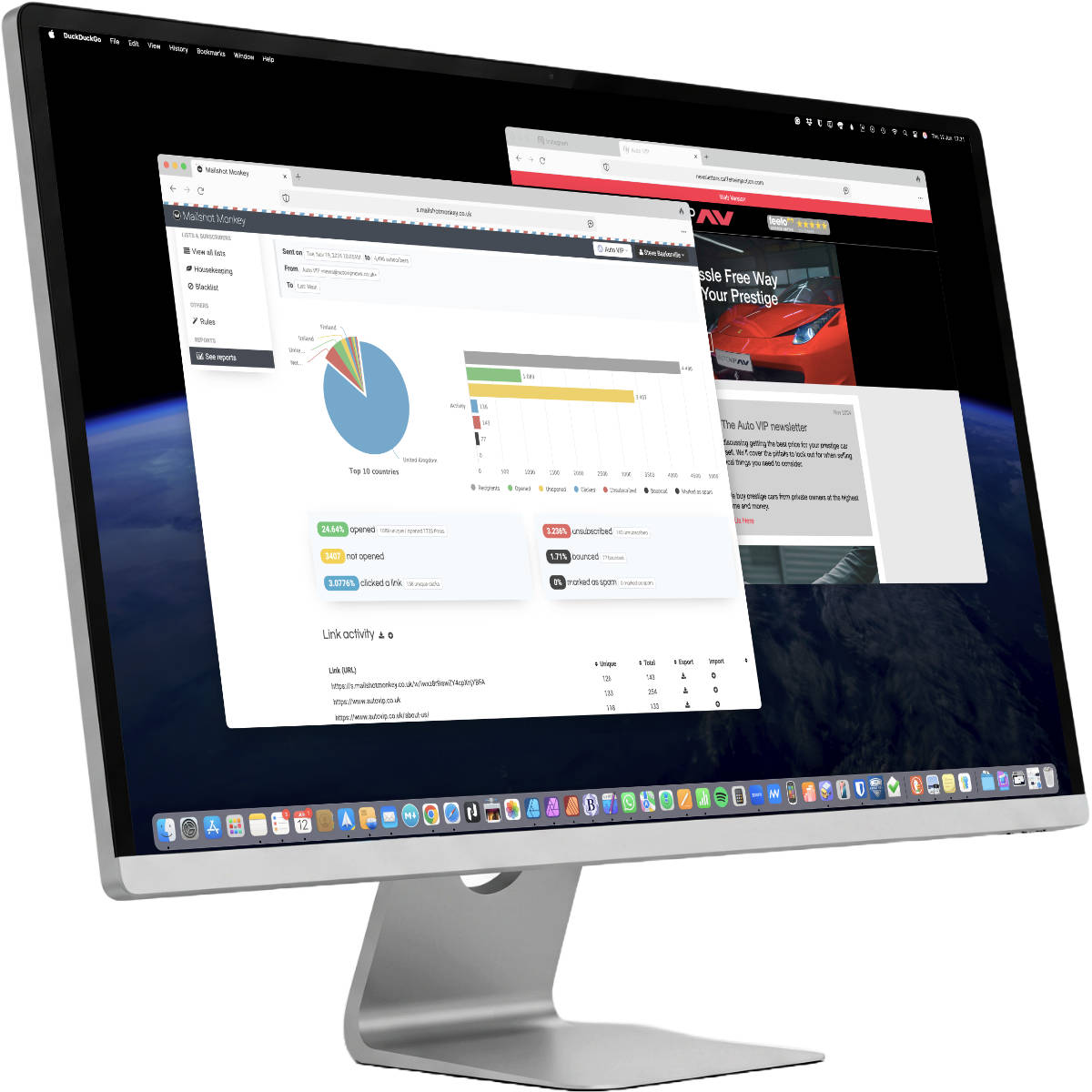A desktop computer screen showing a professionally designed email marketing campaign and inbox.