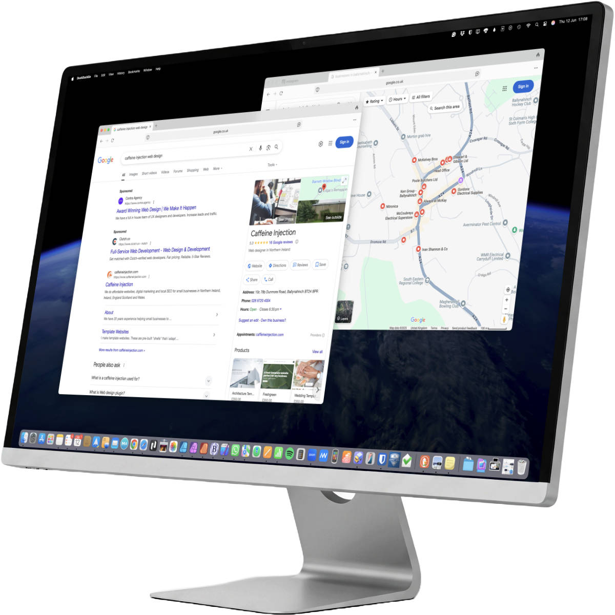 An Apple iMac computer displaying a Google Maps result and a Google Business Profile, representing local SEO services.