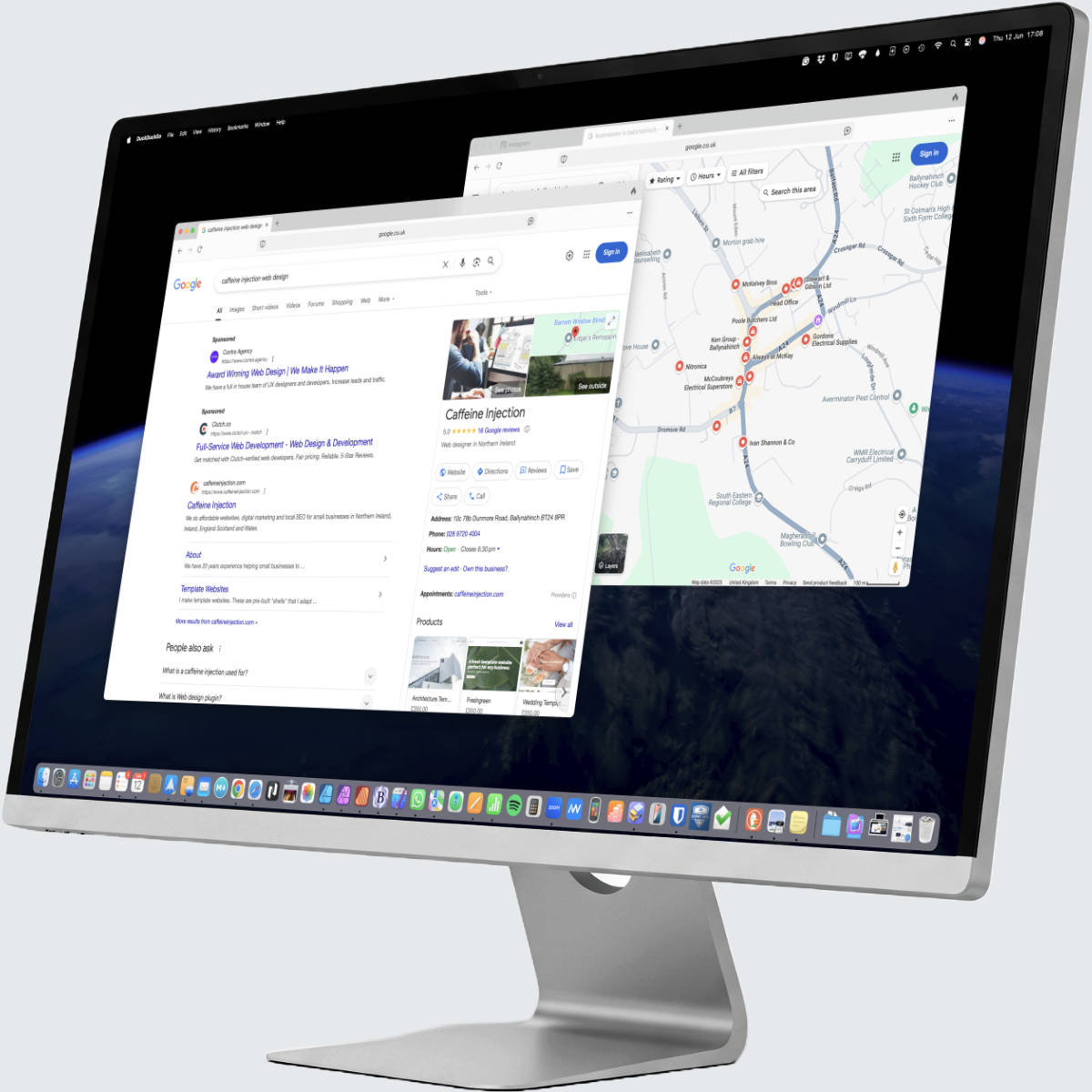 A monitor showing a Google Maps listing for a local business, representing Local SEO services.