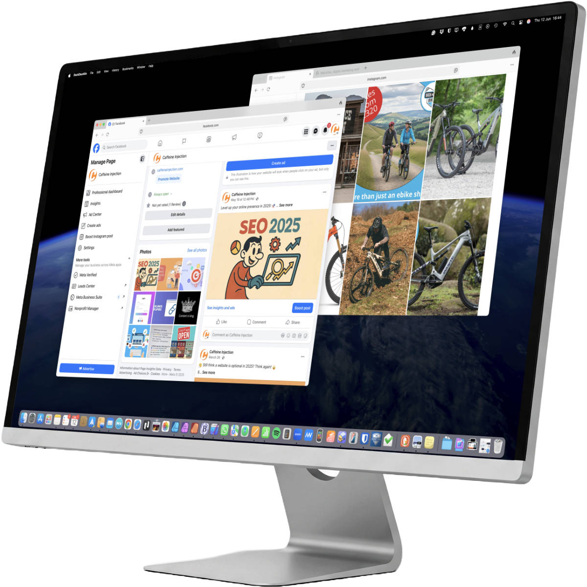 An Apple iMac computer displaying windows of various social media platforms like Facebook and Instagram, representing social media management.