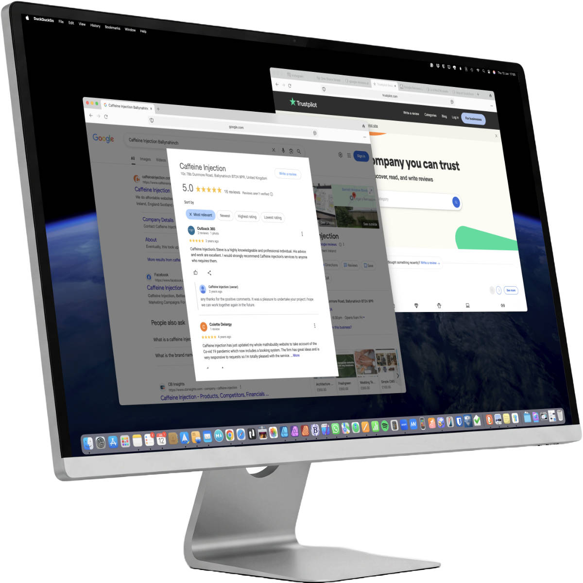 An Apple iMac screen showing a series of 5-star Google reviews for Caffeine Injection's services.